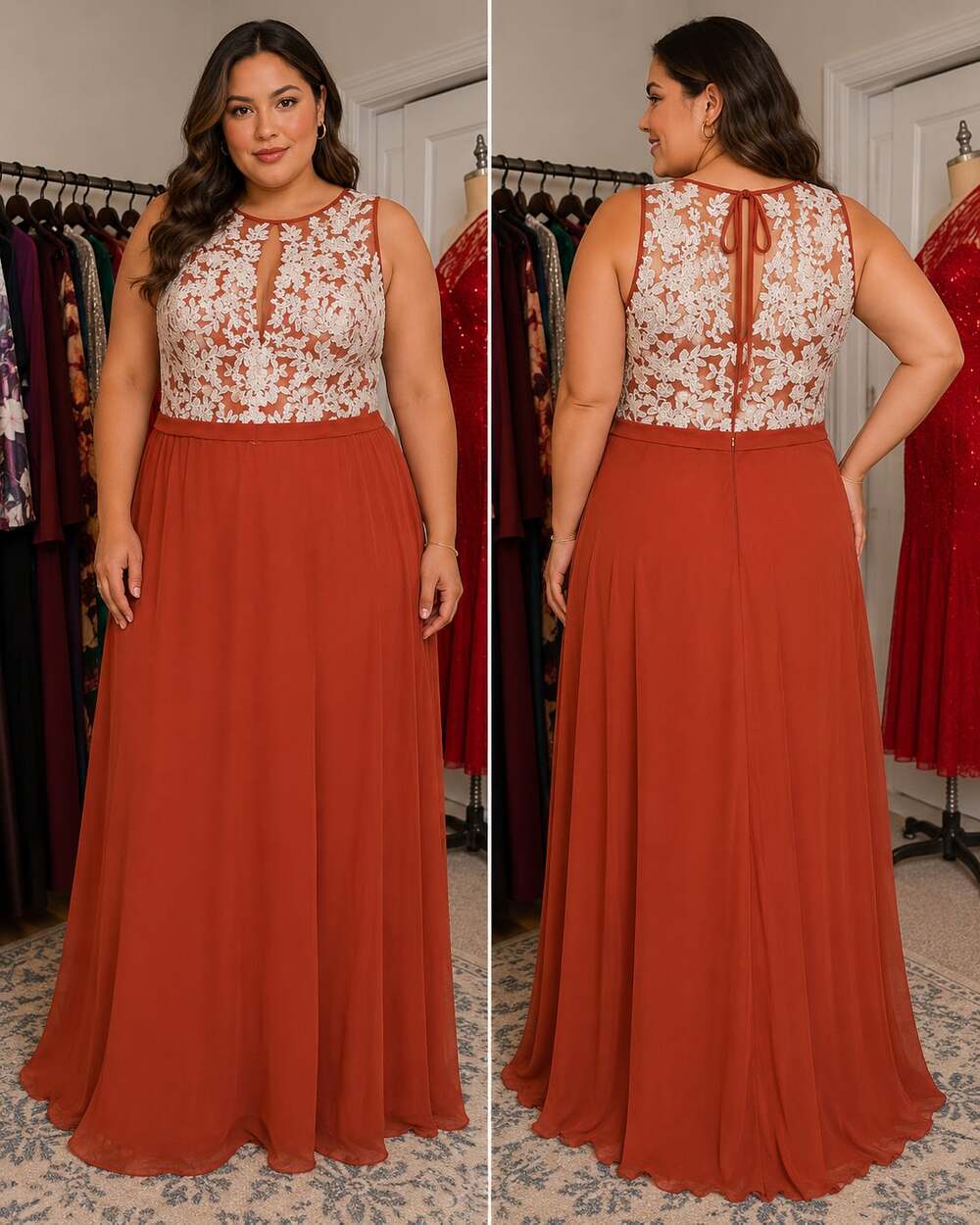 JJ's House Lace Applique Chiffon A-Line Evening Gown in Vermilion, US 18W